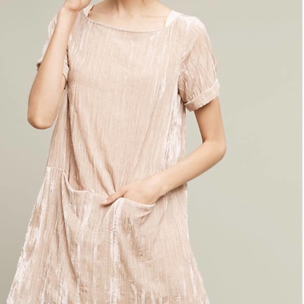 Anthropologie Floreat Crinkled Velvet Dress Tunic Beige Blush XS NWT